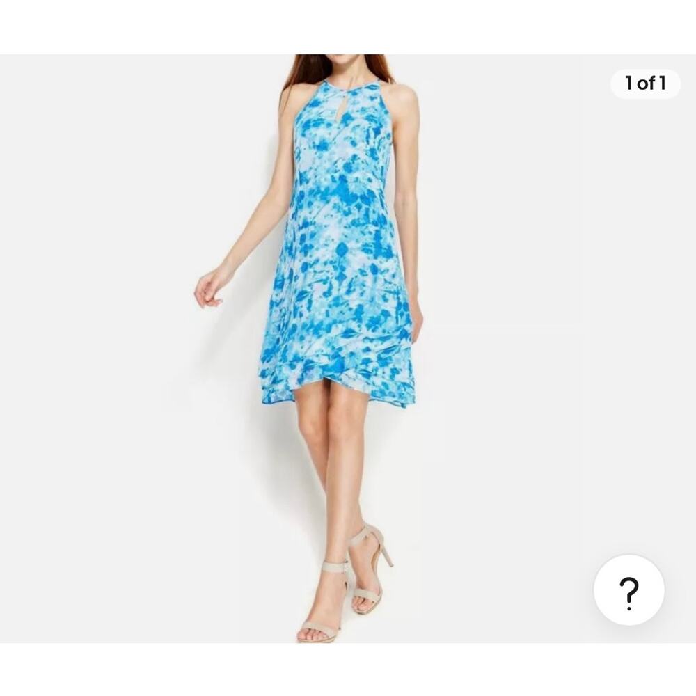 Calvin Klein Women's Size 8 Keyhole Trapeze Chiffon Dress Adriatic Blue Multi